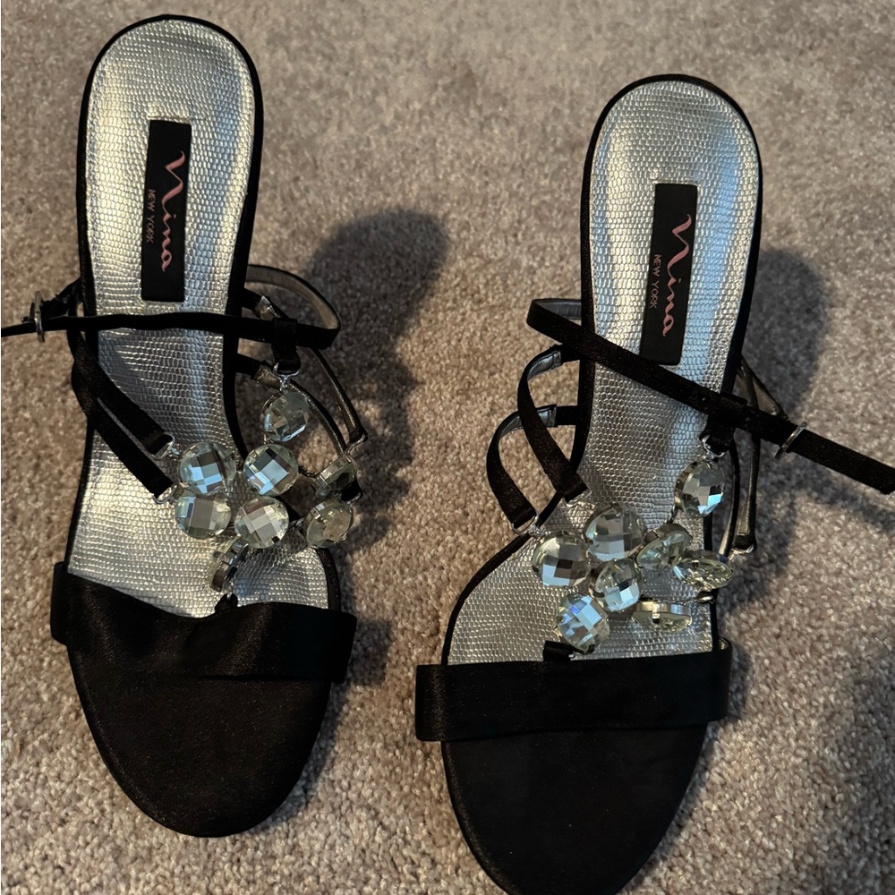 Nina Black Strappy Rhinestone Women's Heels - Size 9.5
